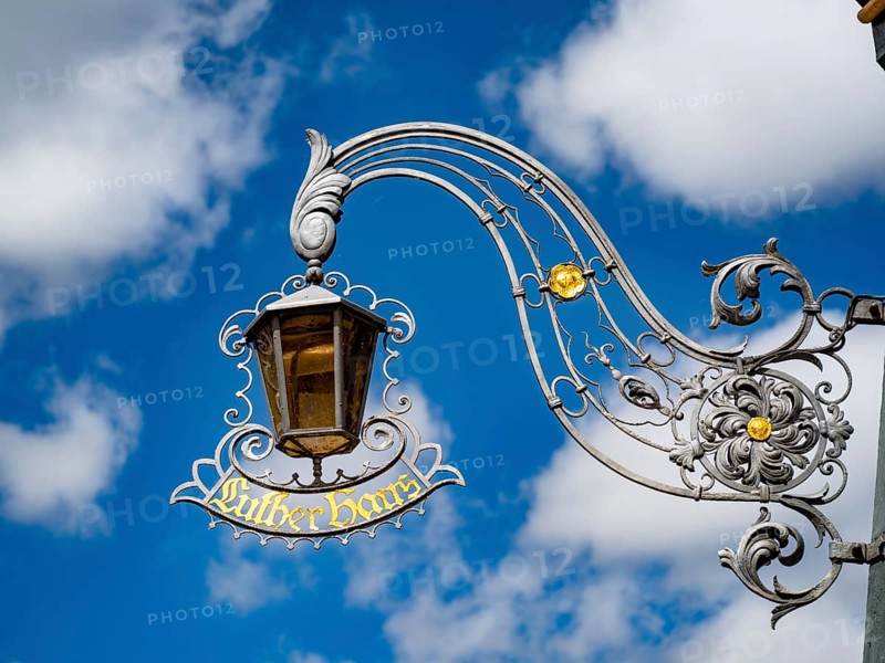 Lamp with nose sign at the Luther House in Eisenach. This is where the reformer Martin Luther lived with the Cotta family during his school years from 1498-1501, today museum