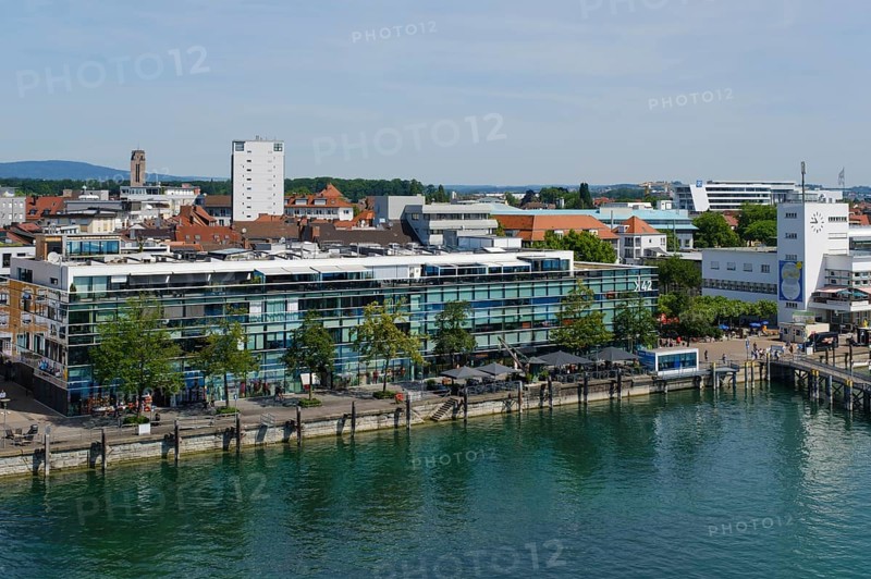 View of the city from the Moleturm with Medienhaus and Zeppelin Museum, Friedrichshafen