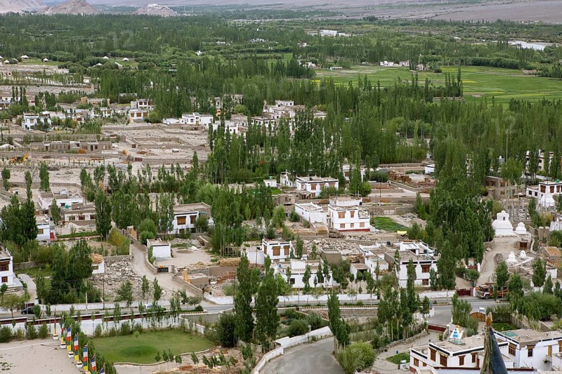 View of Tibetan houses from Thiksey or Thikse Gompa, Ladakh