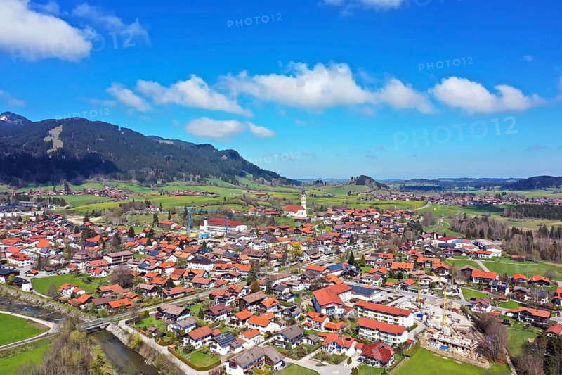 Aerial view of Pfronten in fine weather. Allgaeu, Alps