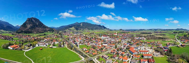 Aerial view of Pfronten in fine weather. Allgaeu, Alps