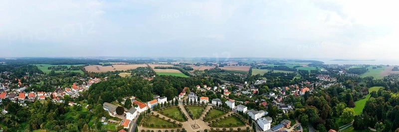 Aerial panorama over Putbus showing the Circus with Obelisk, Ruegen