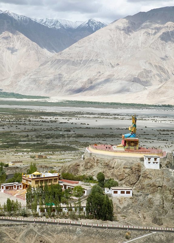 Diskit Monastery and view of the river oases of the Nubra and Shyok Valleys, Nubra Valley