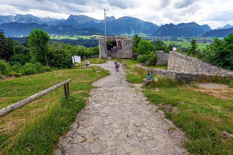 View of the Alps with Aggenstein and Breitenberg in the middle, Eisenberg castle ruins near Pfronten