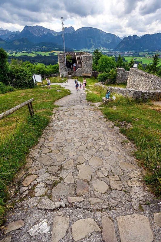View of the Alps with Aggenstein and Breitenberg in the middle, Eisenberg castle ruins near Pfronten