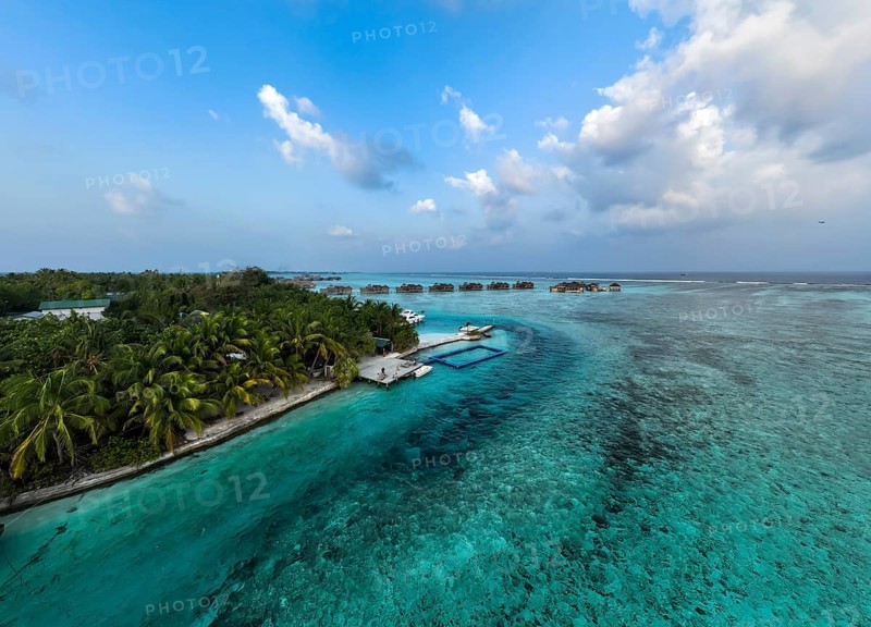 Aerial view, Gili Lankanfushi with water bungalows