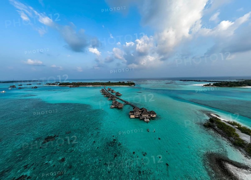 Aerial view, Gili Lankanfushi with water bungalows