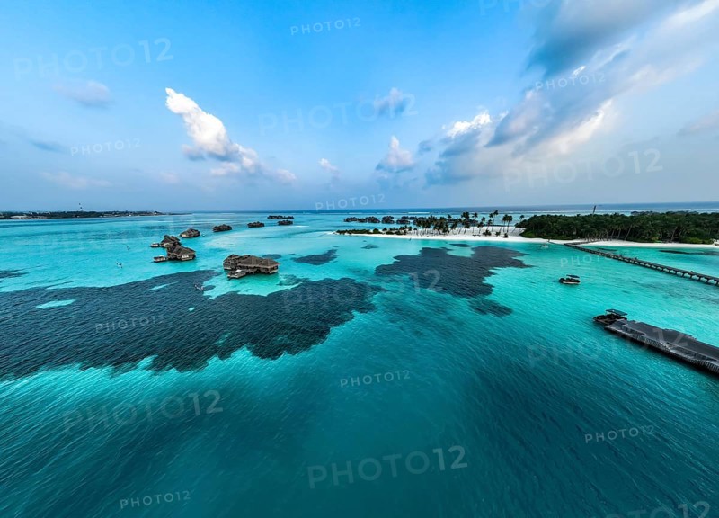 Aerial view, Gili Lankanfushi with water bungalows