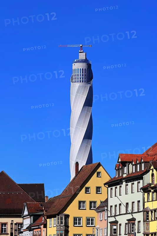 Test tower for lifts in Rottweil under a cloudless blue sky. Rottweil, Freiburg