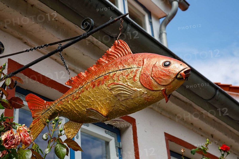 Fish sculpture on an old fisherman's house, Historic fishing village Holm