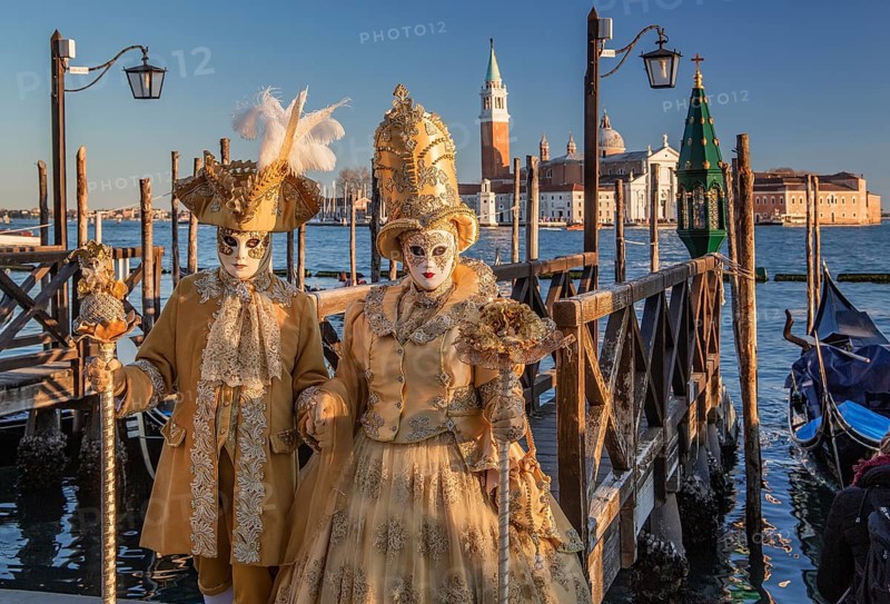 Carnival Masks on the Waterfront with San Giorgio Island, Venice