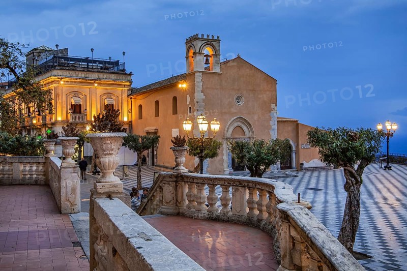Belvedere Piazza IX Aprile with exChurch di Sant Agostino at dusk, Taormina