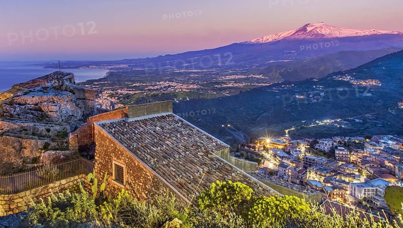 Chapel Madonna della Rocca above the village with Etna 3357m at sunrise, Taormina