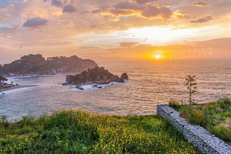 Coastal landscape with Isola Bella in spring at sunrise, Taormina