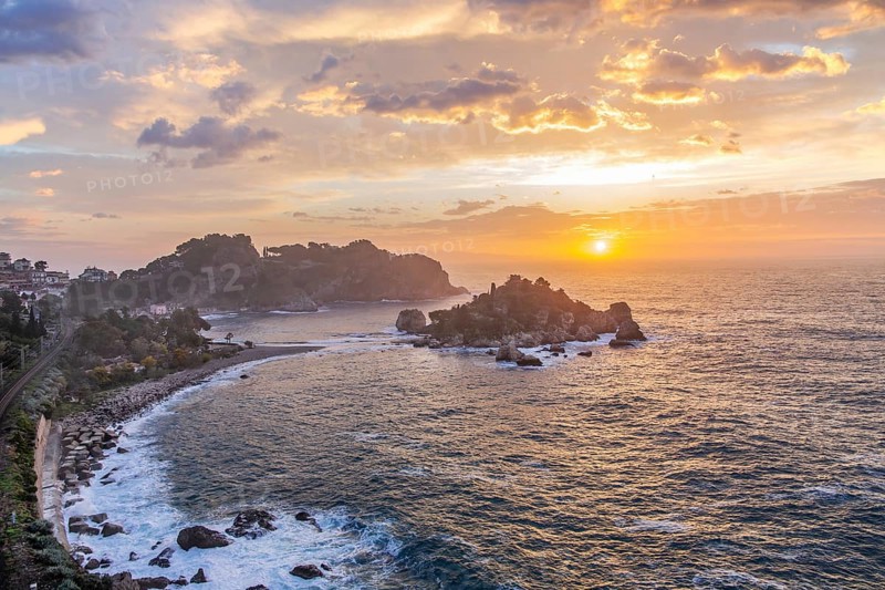Coastal landscape with Isola Bella in spring at sunrise, Taormina