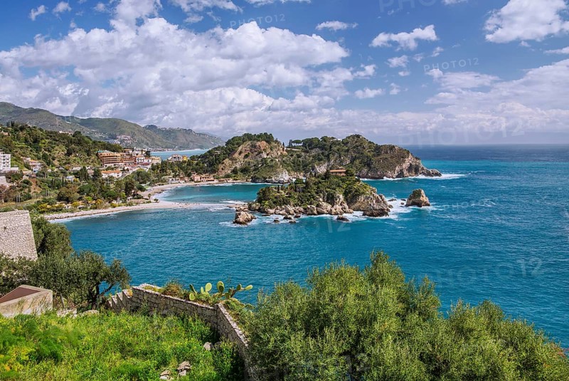 Coastal landscape with Isola Bella in spring, Taormina