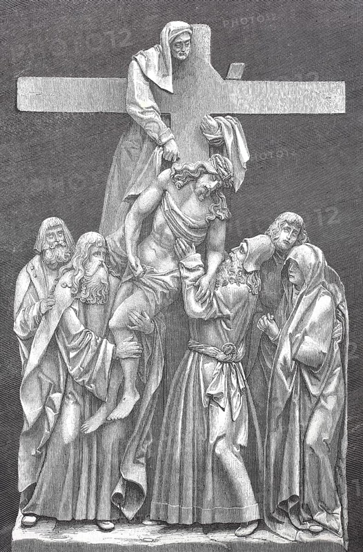 The Deposition of Christ from the Cross is the scene depicted in art from the accounts of the Gospels in which Joseph of Arimathea and Nicodemus remove Christ from the cross after his crucifixion, here a relief from the church of Seligenstadt
