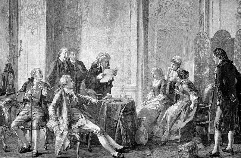 Historical illustration of the reading of a will at a notary's office in 1880, Historical