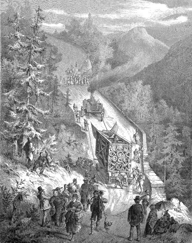 Historical illustration showing the transport of the parts of a large cross on a mountain pass in the Bavarian Alps near Ettal, Bavaria