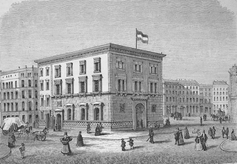 Historical illustration of the Olfen bank building in Hamburg, Germany