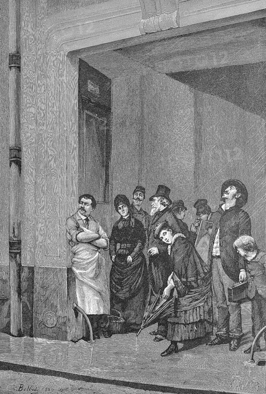 Rainy weather, people standing under a roof waiting for the rain to stop