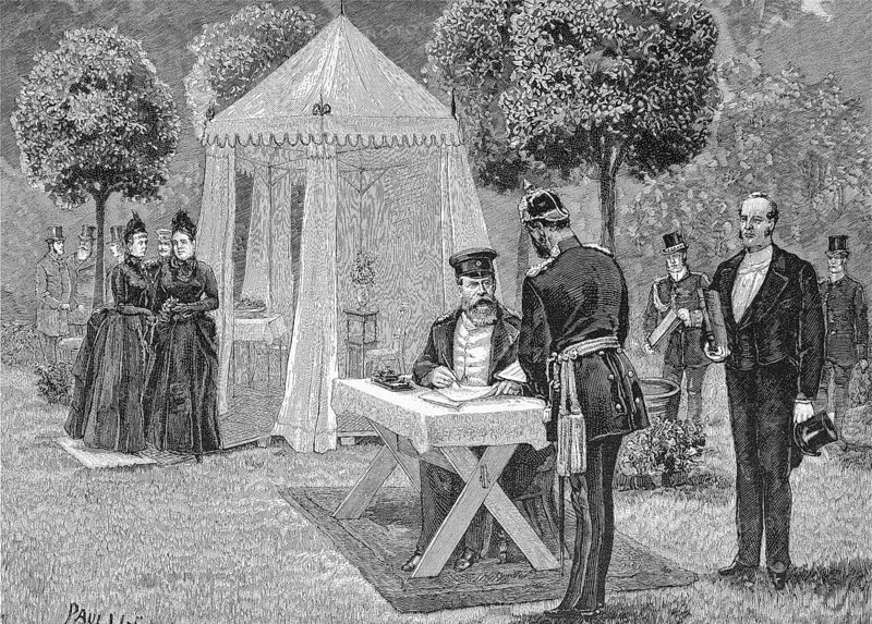 Emperor Heinrich in front of his marquee, signing documents