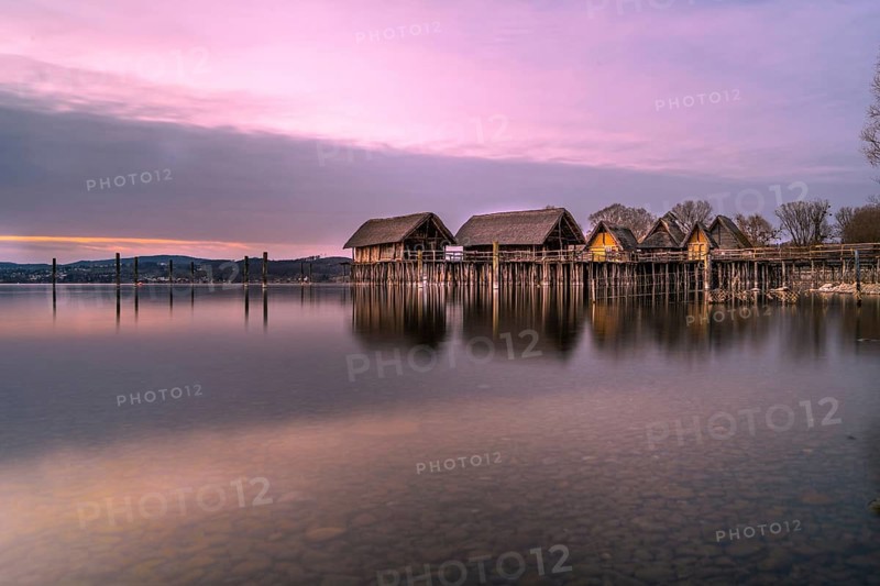Lake Dwellings Museum at the Blue Hour in Unteruhldingen on Lake Constance, Germany