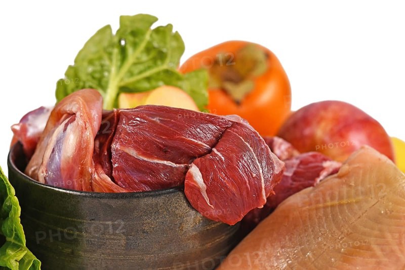 Close up of dog bowl with mixture of biologically appropriate raw food containing meat chunks, fish