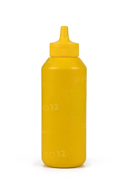 Yellow mustard squeeze bottle isolated on white background,