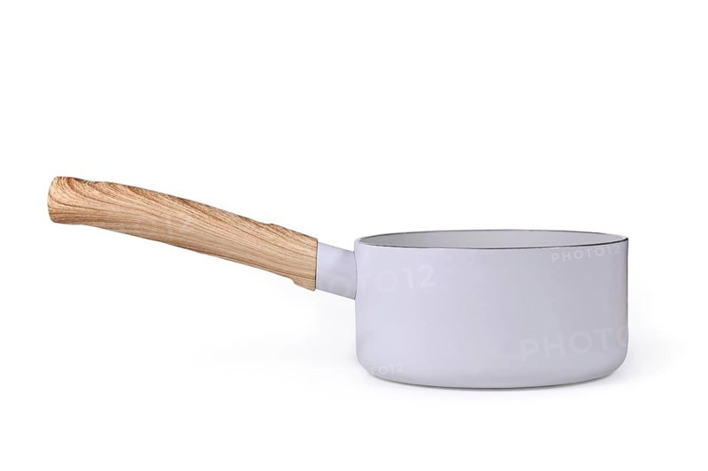 Gray cooking pot with wooden handle on white background,