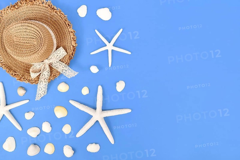 White starfish, seashells and summer straw hat on side of blue background with copy space
