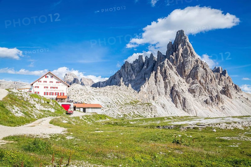 Mountain hut Dreizinnenhuette with Paternkofel rock massif, Dolomites