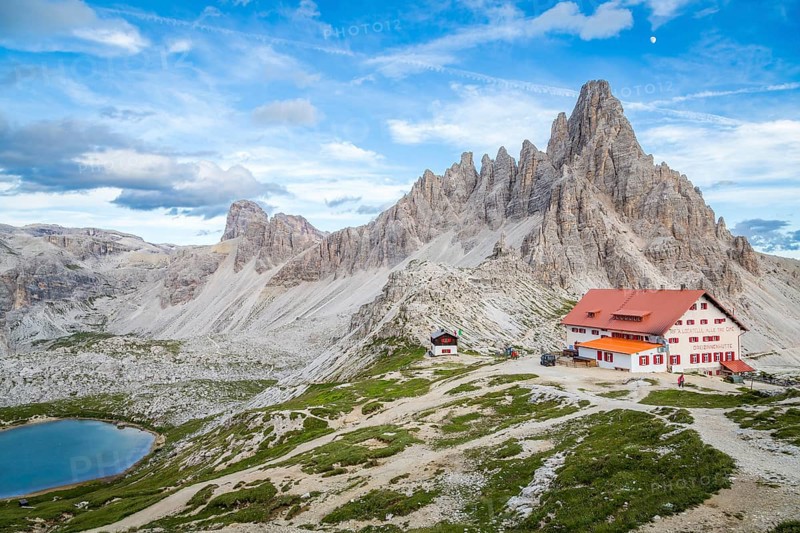 View of mountain hut Dreizinnenhuette with rock massif Paternkofel, Dolomites