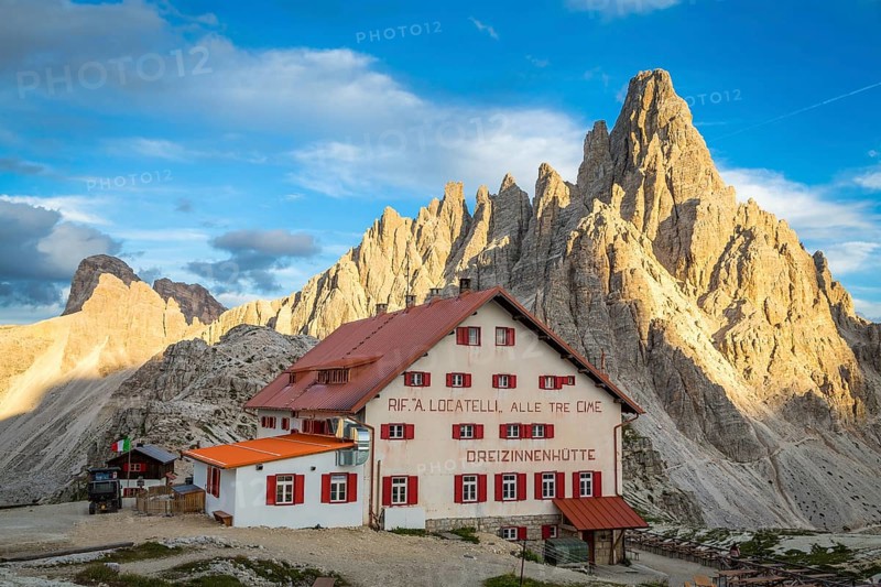 Mountain hut Dreizinnenhuette with Paternkofel rock massif, Dolomites