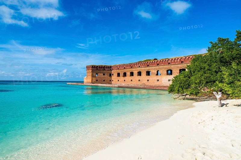 White sand beach and turquoise waters before Fort Jefferson, Dry Tortugas National Park