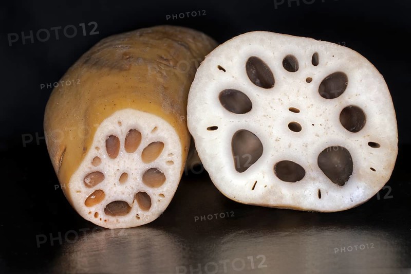 Sliced lotus root, food photography with black background