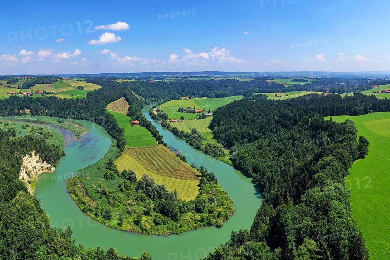Aerial view of the river loop on the Iller near Altusried. A dreamlike landscape in the foothills of the Alps. Altusried, Upper Allgaeu