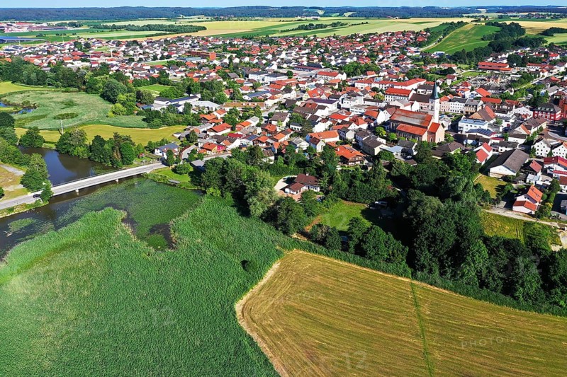Aerial view of Frontenhausen a market town in the Lower Bavarian district of Dingolfing-Landau. Bavaria, Germany