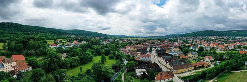 Aerial view of Ebermannstadt in cloudy weather. Forchheim, Upper Franconia