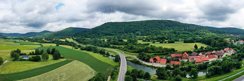 Aerial view of Ebermannstadt in cloudy weather. Forchheim, Upper Franconia