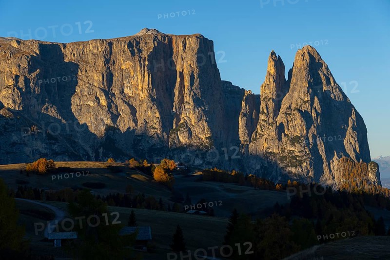 Sciliar mountain range at sunrise in Autumn, Seiser Alm
