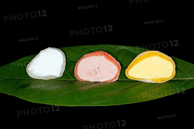 Japanese mochi ice cream filled with yuzu, mango and strawberry