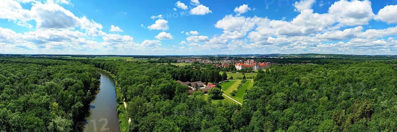 Aerial view of Wiblingen Monastery on the river Iller in fine weather. Ulm, Baden-Wuerttemberg