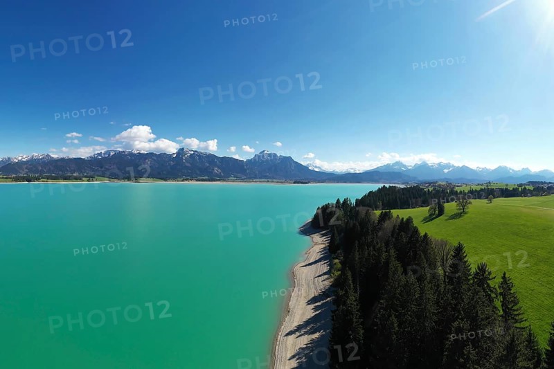 Lake Forggensee in the Koenigswinkel with the Alps in the background. Fuessen, Ostallgaeu