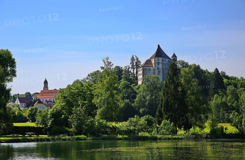 Aerial view of Bad Groenenbach with Hohes Schloss in fine weather, Unterallgaeu