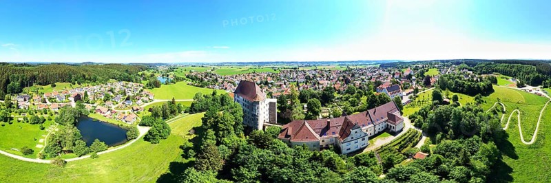 Aerial view of Bad Groenenbach with Hohes Schloss in fine weather, Unterallgaeu