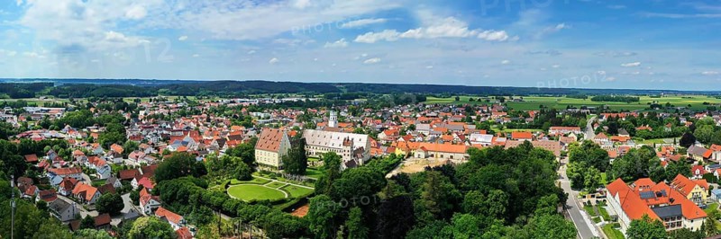 Aerial view of the Fuggerschloss in Babenhausen in fine weather. Unterallgaeu, Swabia