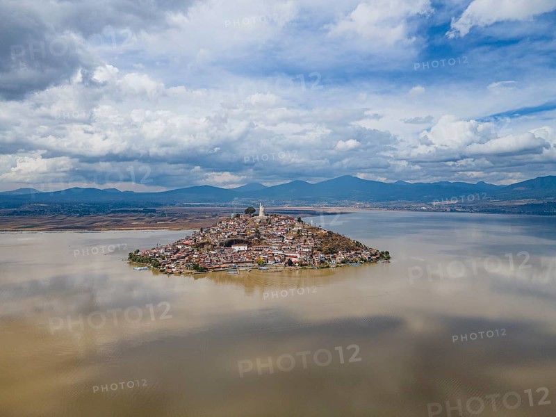 Aerial of the Janitzio island on lake Lake Patzcuaro, Michoacan