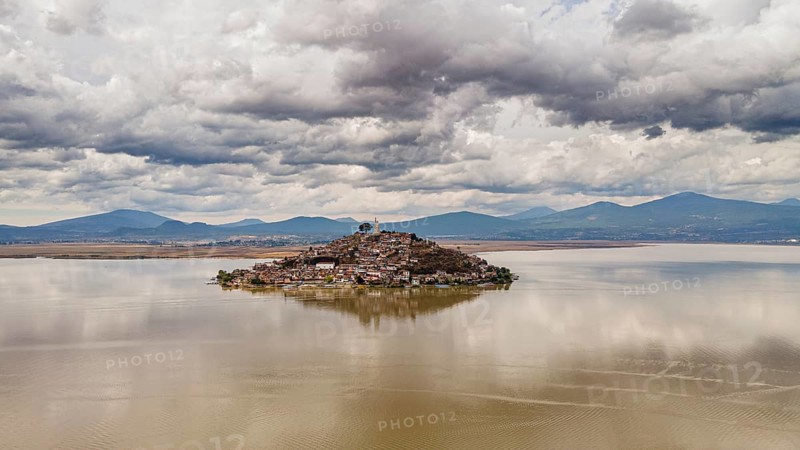 Aerial of the Janitzio island on lake Lake Patzcuaro, Michoacan