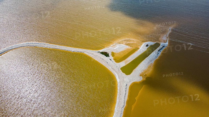 Aerial of the colourful salinas of Las Coloradas, Yucatan